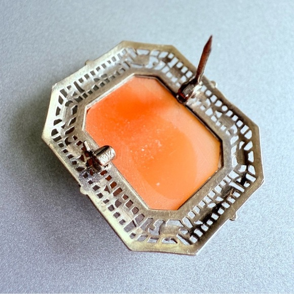 Antique 10k White Gold Carved Cameo Woman’s Profile Filigree Small Brooc… - Picture 5 of 9